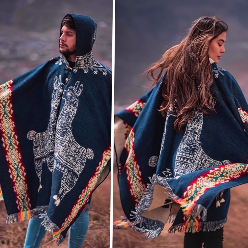 Alpaca Wool Hooded Poncho Llama Andean Handmade Fringe Boho Festival Unisex Cape - Picture 2 of 12